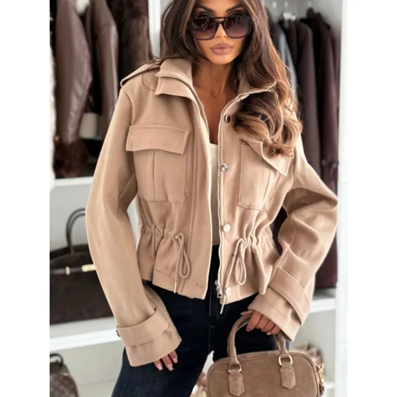 قصيرة نمط الشارع عارضة بلون الرباط سستة المرأة سترة الخريف الشتاء أزياء تنوعا أنيقة معطف طويل الأكمام