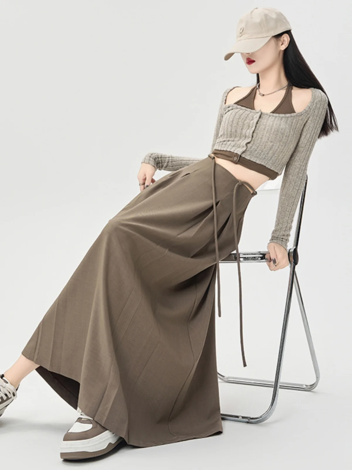 High Waist A-Line Midi Skirt Women's Khaki Color Bell Bottoms Abdomen Inmingling Autumn Winter Cotton Polyester Blend