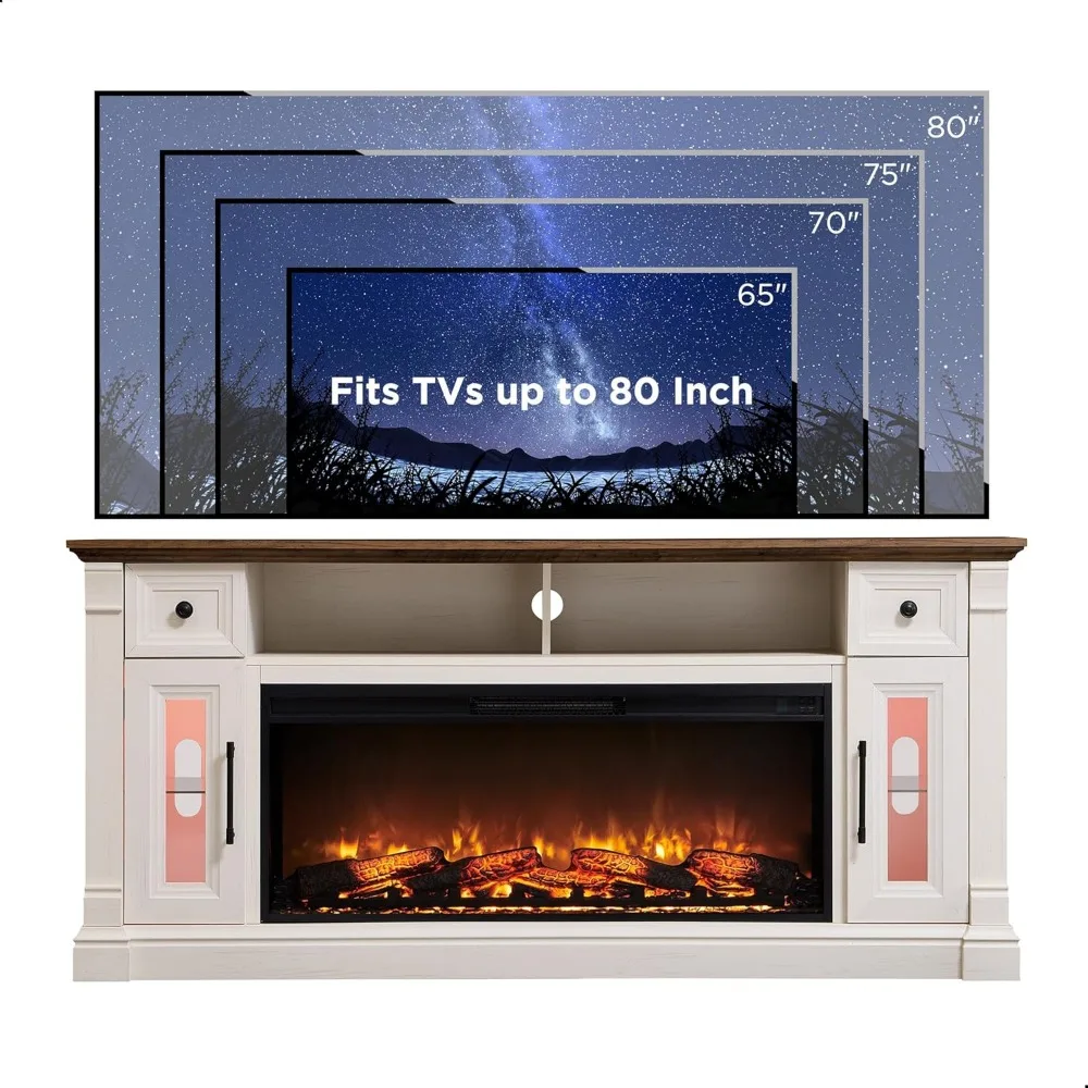 Fireplace TV Stand for 80 Inch TVs - Farmhouse Entertainment Center with 42