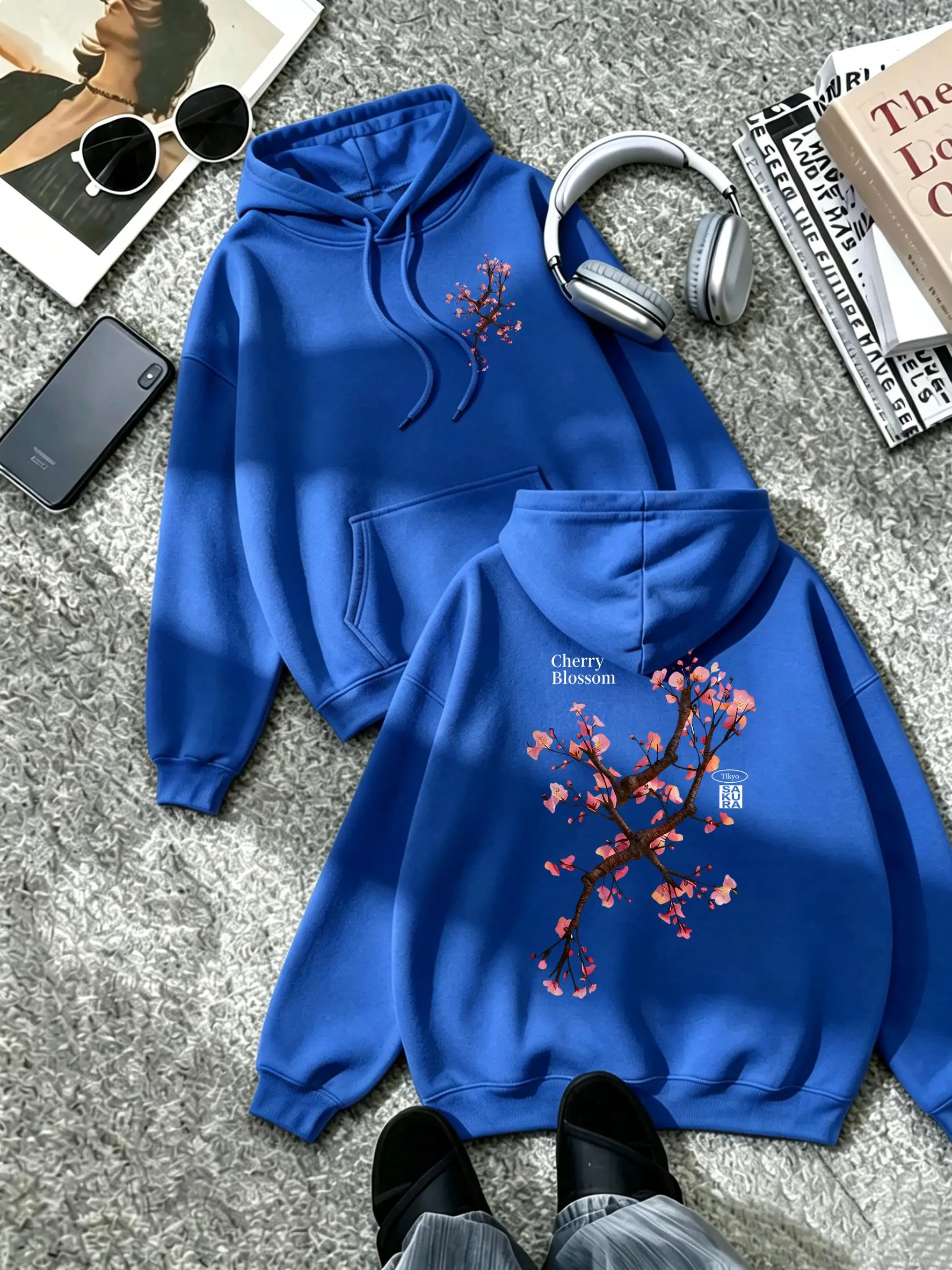 Tokyo Harajuku Cherry Blossom Printing Unisex Soft Sport Streetwear Autumn Casual Pullover Multicolor Y2K Hoodie Pocket Tops
