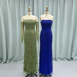 YQLNNE Luxury Greenery Pearls Beading Evening Dresses With Gloves Long Mermaid Muslim Formal Evening Party Gown