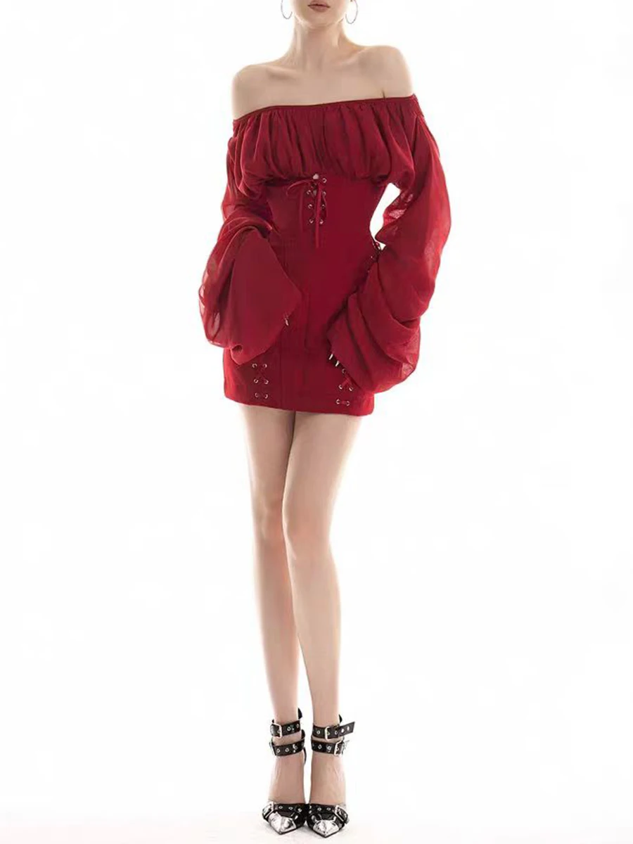 TWOTWINSTYLE Sexy Slimming Spliced Strap Mini Dresses for Women Slash Neck Long Sleeves Patchwork Shirring Dress Female Clothing