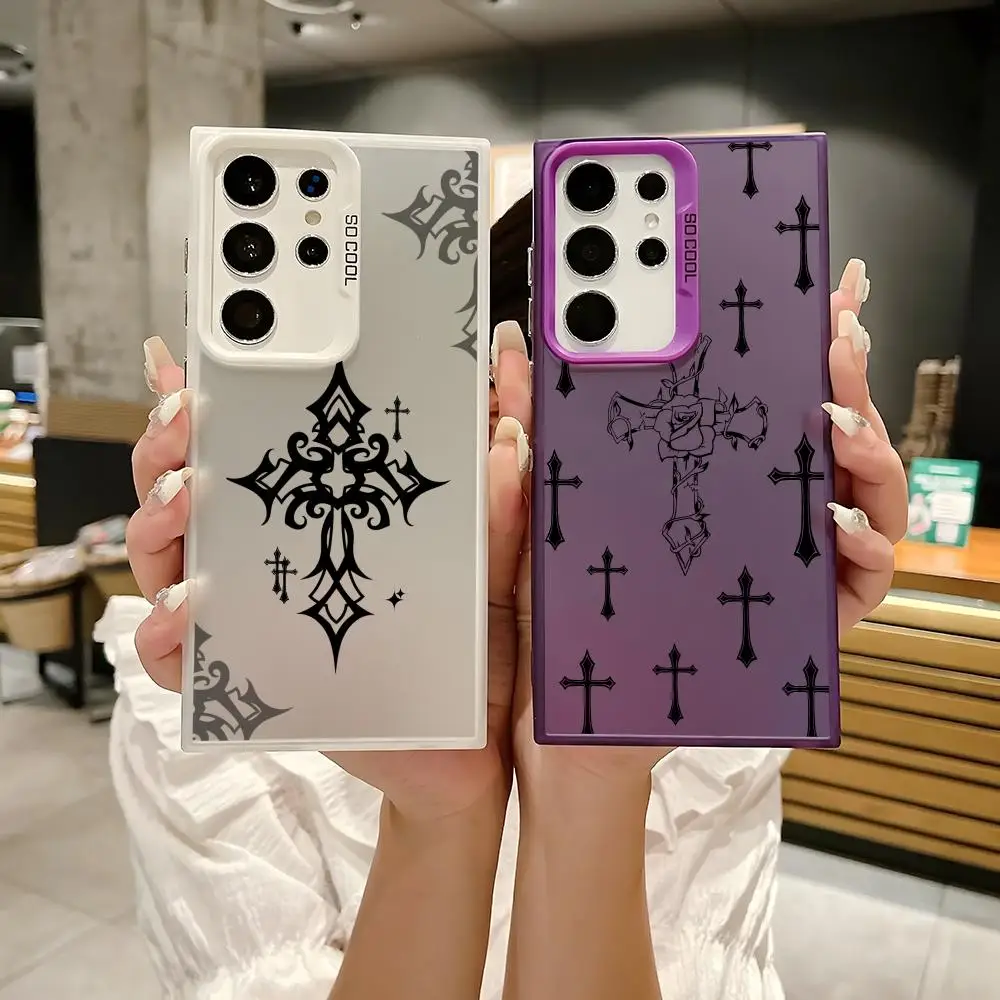 Cool Black Cross Fashion Phone Case For Samsung Galaxy S25 Edge S24 S23 S22 S21 S20 Ultra Matte Laser Aurora Funda Phone Case