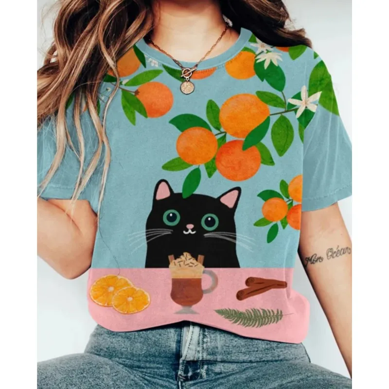 Women O Neck Short Sleeved T-Shirt Abstract Creative Cute Black Cat Enjoying High Tea