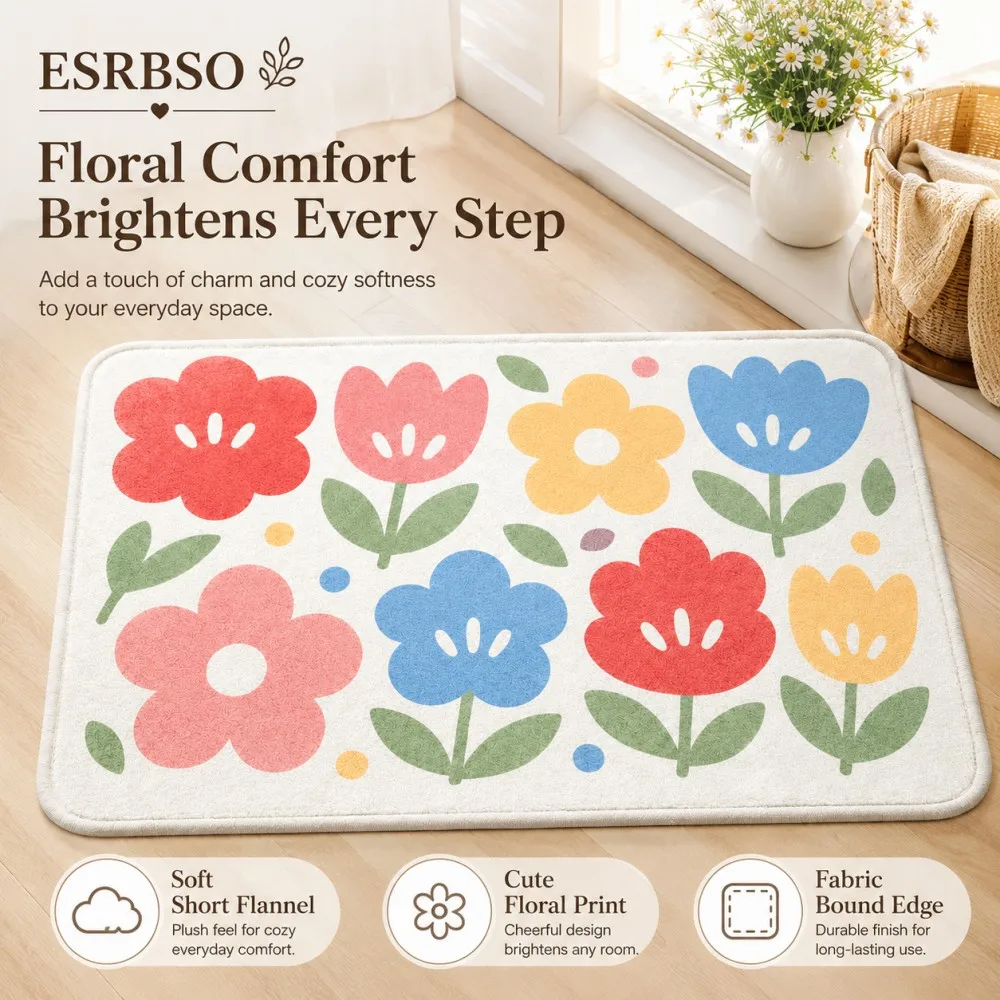 

ESRBSO Pastel Floral Short Flannel Rug Soft Non Slip Floor Mat Cute Flower Doormat Bathroom Bedroom 40x60 50x80 60x90 80x120cm