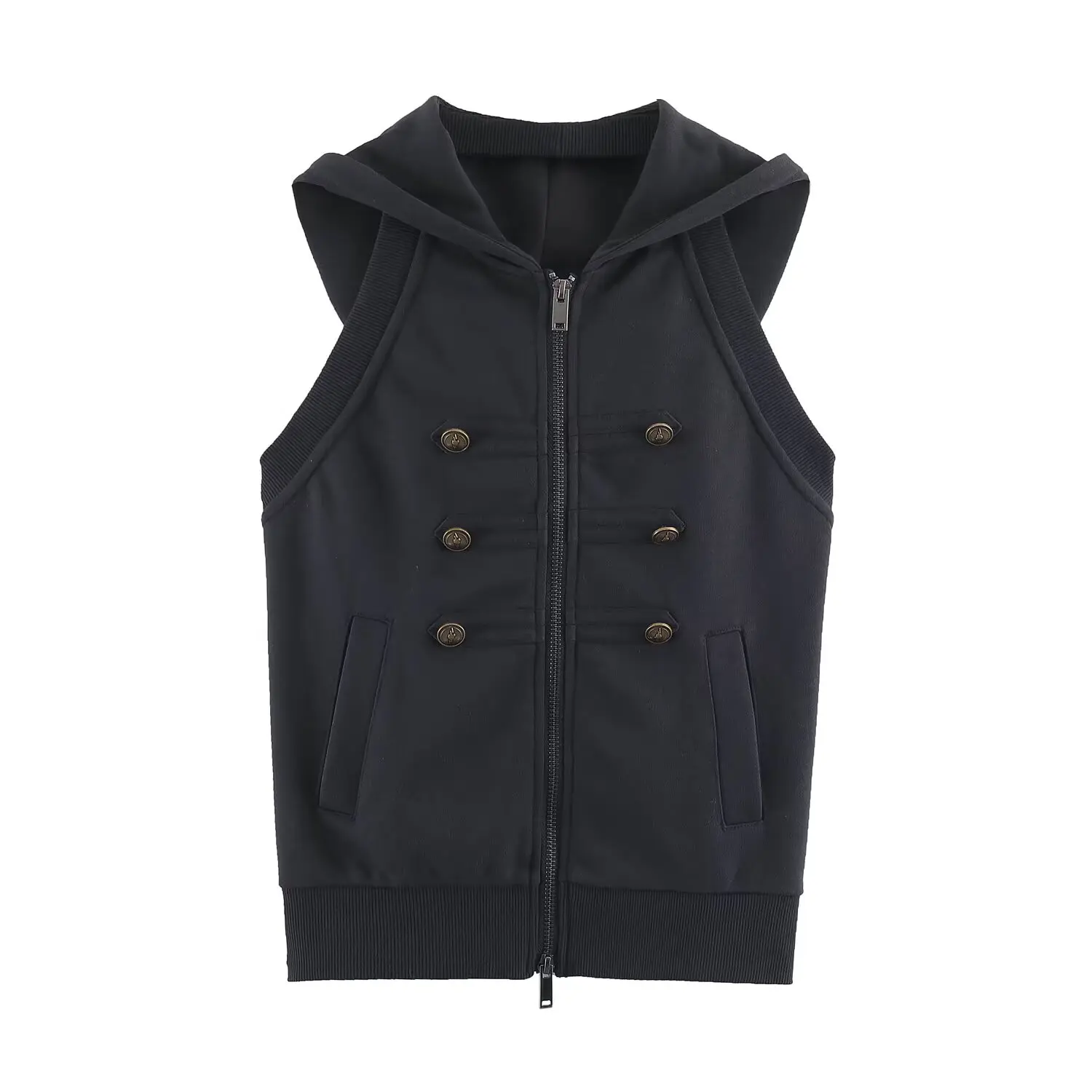 JNLEAOG Fashionable Retro Double Row Gold Button Hooded Jacket Women's Polyester Standard Fit Short Outerwear for Autumn