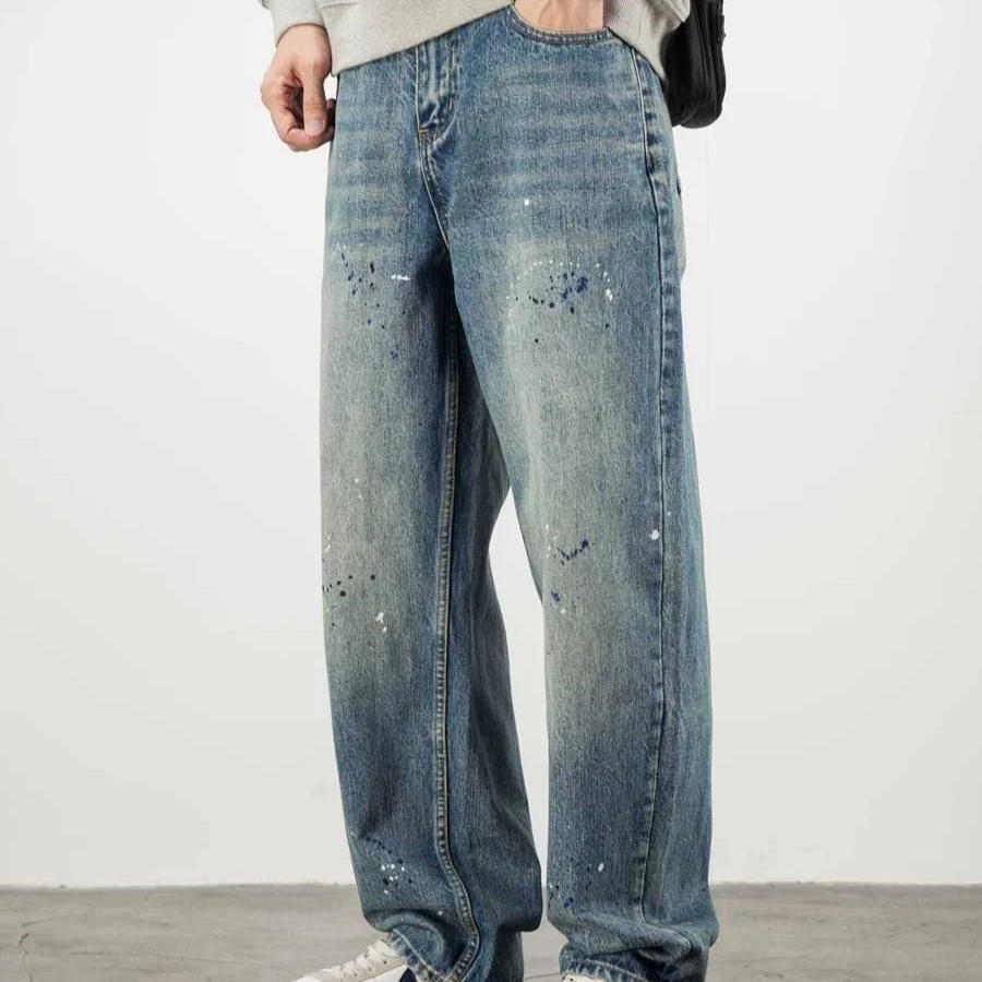 Autumn and Winter New Paint-splashed Jeans Men's Brand Loose Straight Casual Light-colored Washed Large-size Wide-leg Pants