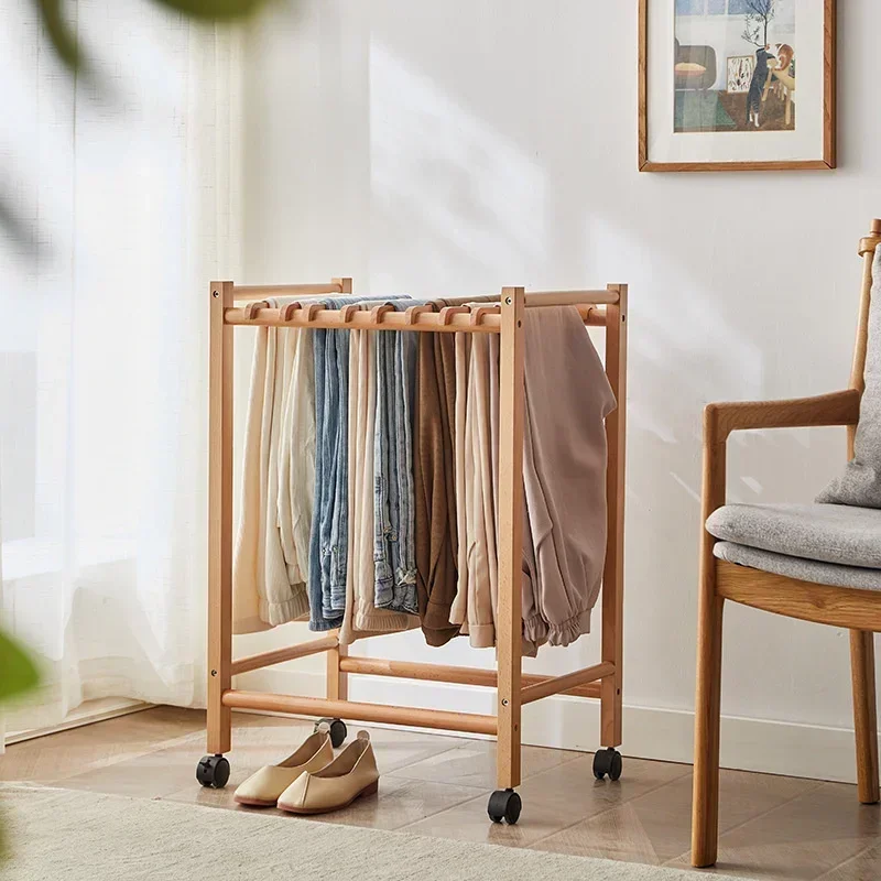 

Beech Storage Rack Multi-Functional Floor-to-Ceiling Cloth Rack with Wheels Mobile Hook Shelves for Versatile Storage