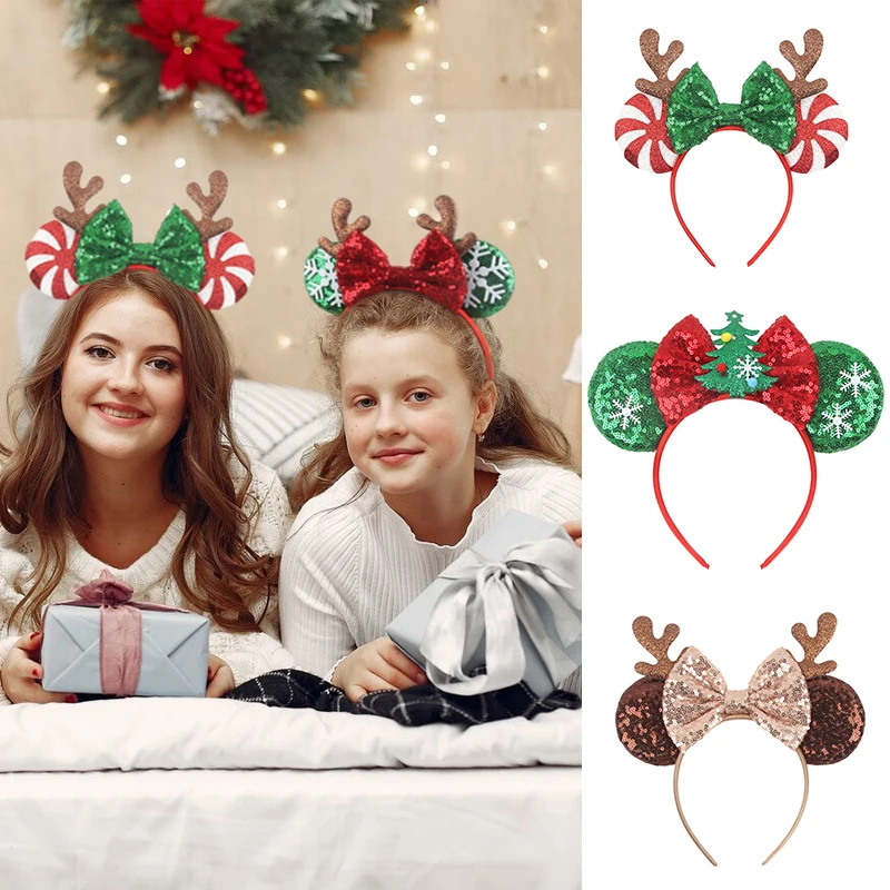 2024 New Christmas Mickey Minnie Mouse Headband Women Disney Ear Hairband Kids Xmas Party Hair Accessories Hot Festival Cosplay