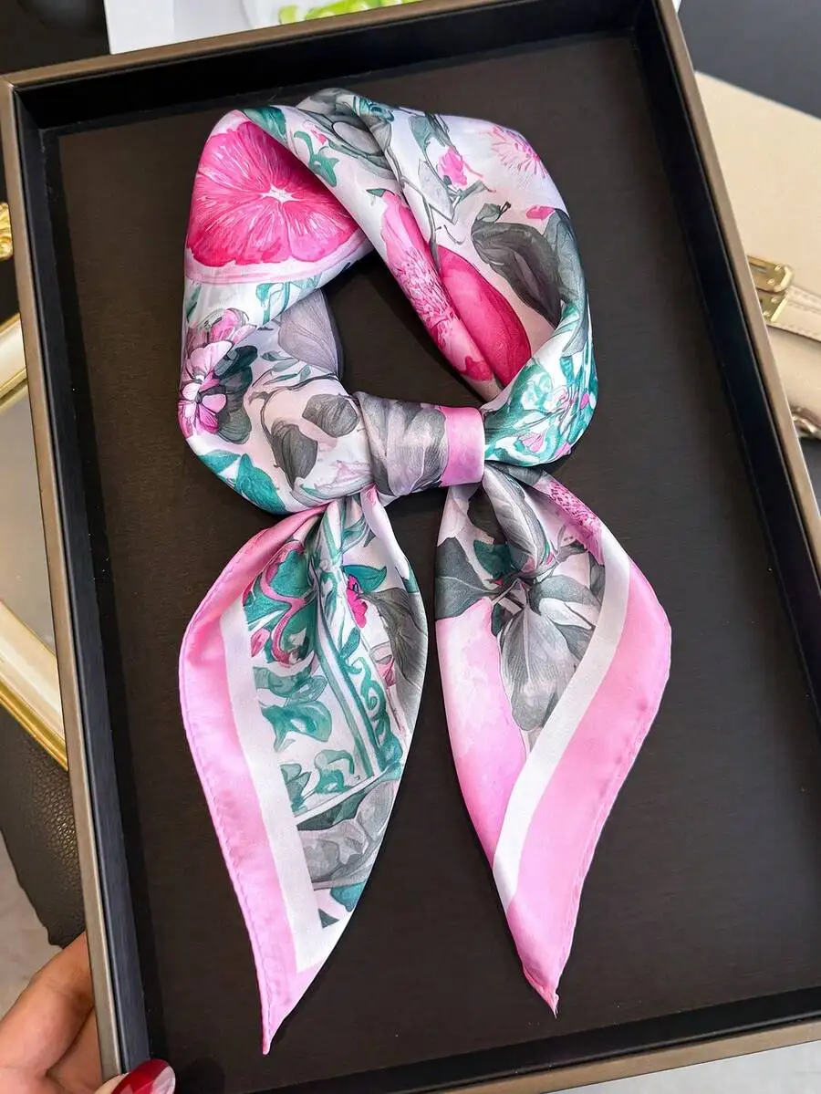 

Women's lightweight satin-like square faux silk scarf with elegant lemon tree print, bohemian vintage style, versatile for neck