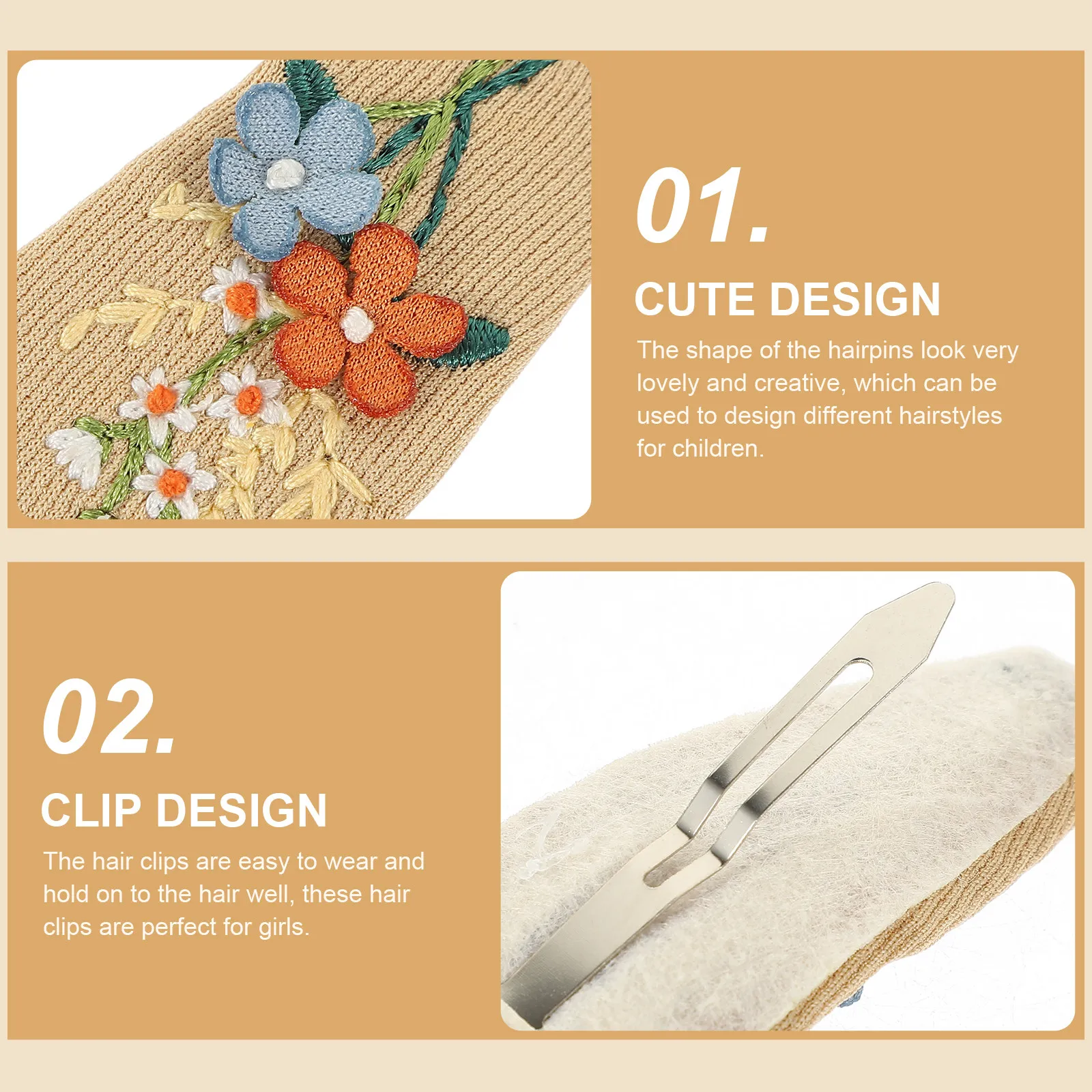 

6Pairs Embroidered Hair Clips for Girls Cute Kids Hair Barrettes Flower Pattern Design Children Hairpins Party Wedding Daily