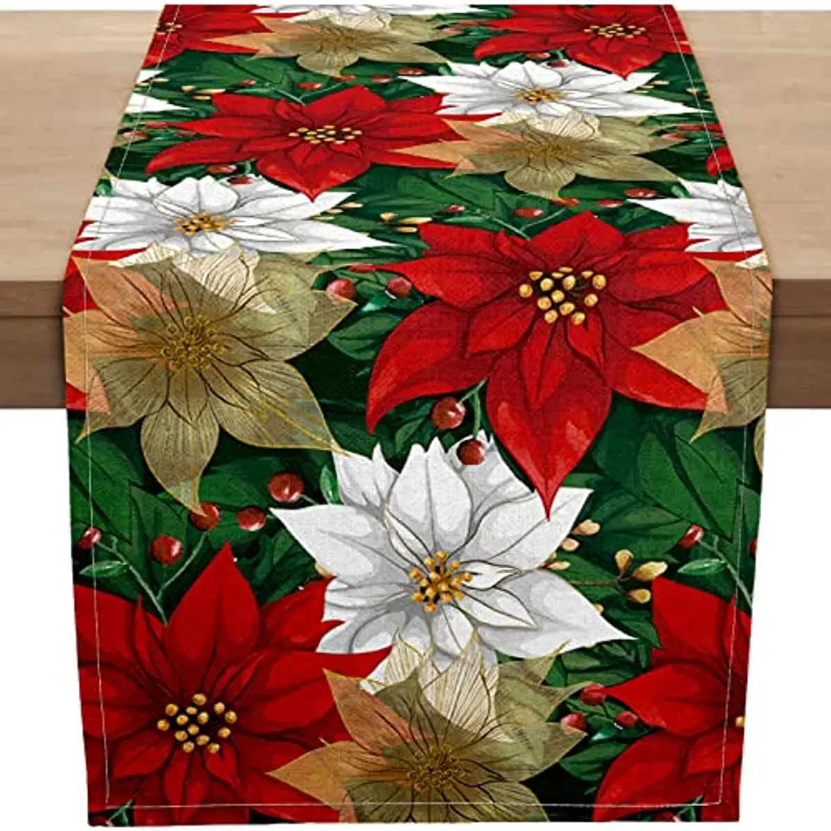 Christmas Poinsettia  Table Runner Linen   Fake Kitchen Dining Decor for Indoor Outdoor Home Wedding Party