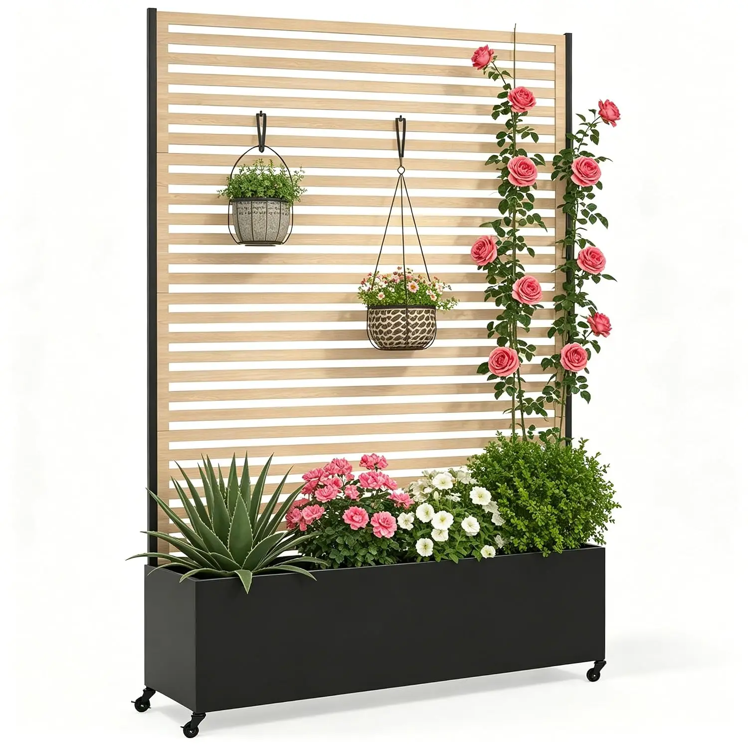 Metal Planter Box with Trellis Privacy Screen, Raised Garden Bed with Trellis & Wheels, Privacy Planters for Patio,Customized