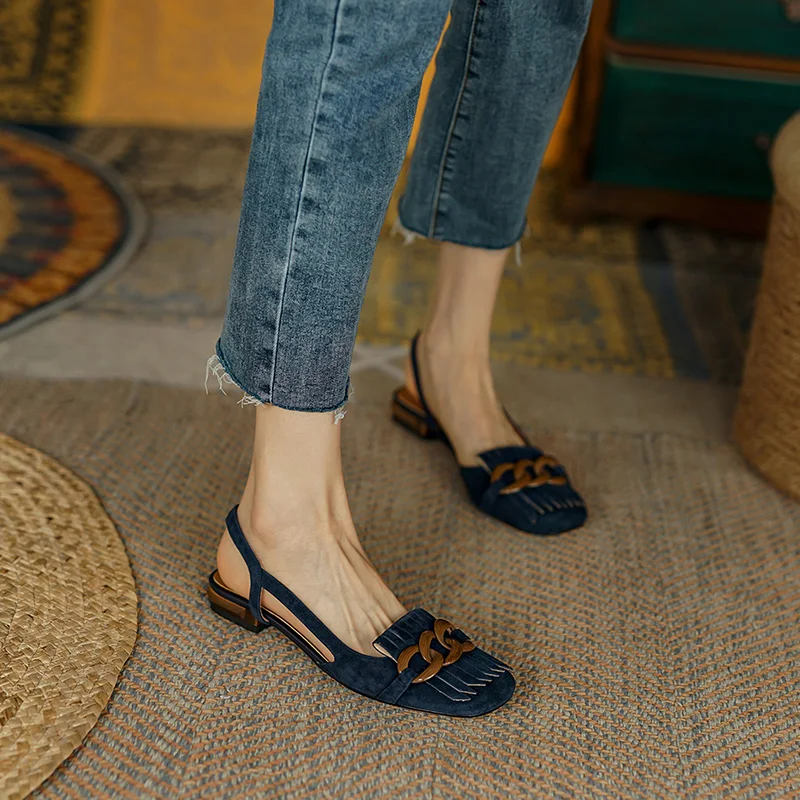 Ladies Shoes Kidsuede Flats Outdoor Ladies Buckle Shoes Summer Spring Sandals femme Plates Sqaure Toe Women’s Mules Fringe