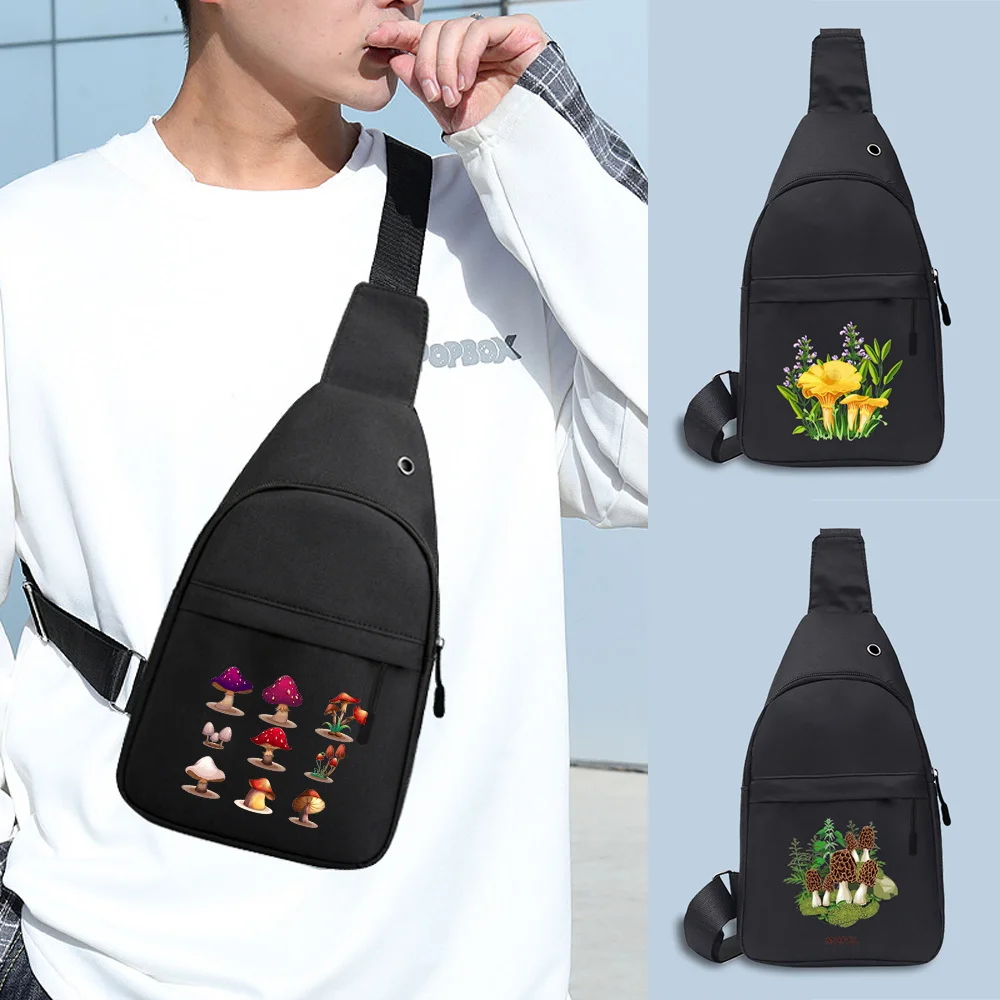 Canvas Chest Pack for Men Shoulder Bag with USB Charging Port Male Anti Theft Sports Chest Bags Messenger Bags Mushroom Series