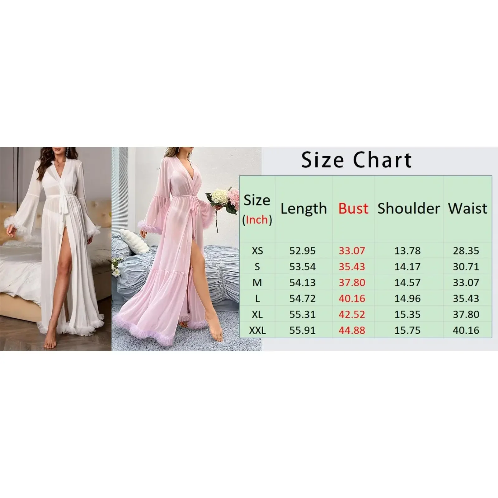 OCEAN STYLE White Bridal Robe V Neck Long Ruffle Trumpet Sleeve Cutout Mesh Belted Wedding Guest Dress Lightweight Wedding Day Loungewear