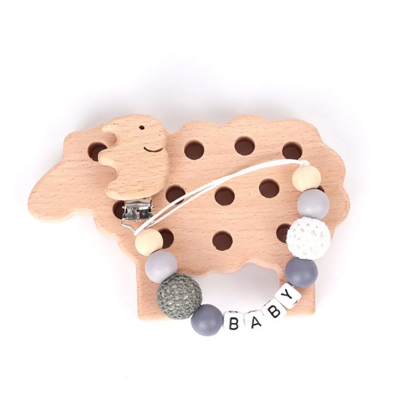 Wooden Teether Baby Play Gym Pacifier Clip Chain Silicone Beads Personalize Dummy Clip Baby Teether Stroller Toys Pram Clip Bell