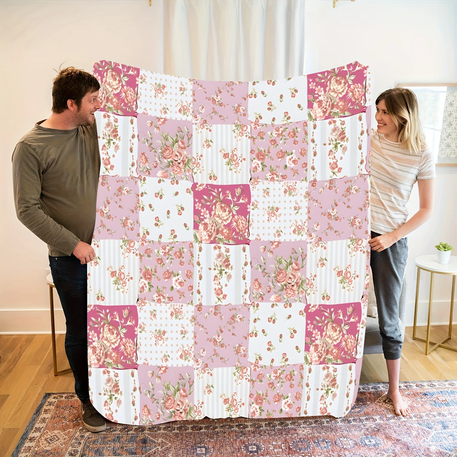 1 Cozy Pink and White Floral Patchwork Fleece Blanket- With a vintage garden pattern, perfect for naps camping, machine washable
