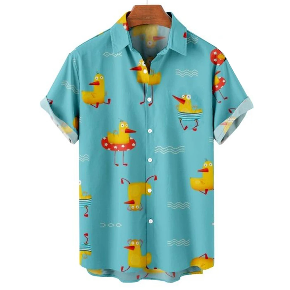 Camisa havaiana de pato com estampa 3D masculina, manga curta, camisa de praia casual, blusa de peito único, roupas masculinas, moda quente