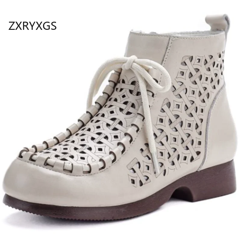ZXRYXGS 2026 Retro Style Top Cowhide Hollow Summer Boots Flat Comfort Breathable Cool Boots Women's Real Leather Trendy Boots