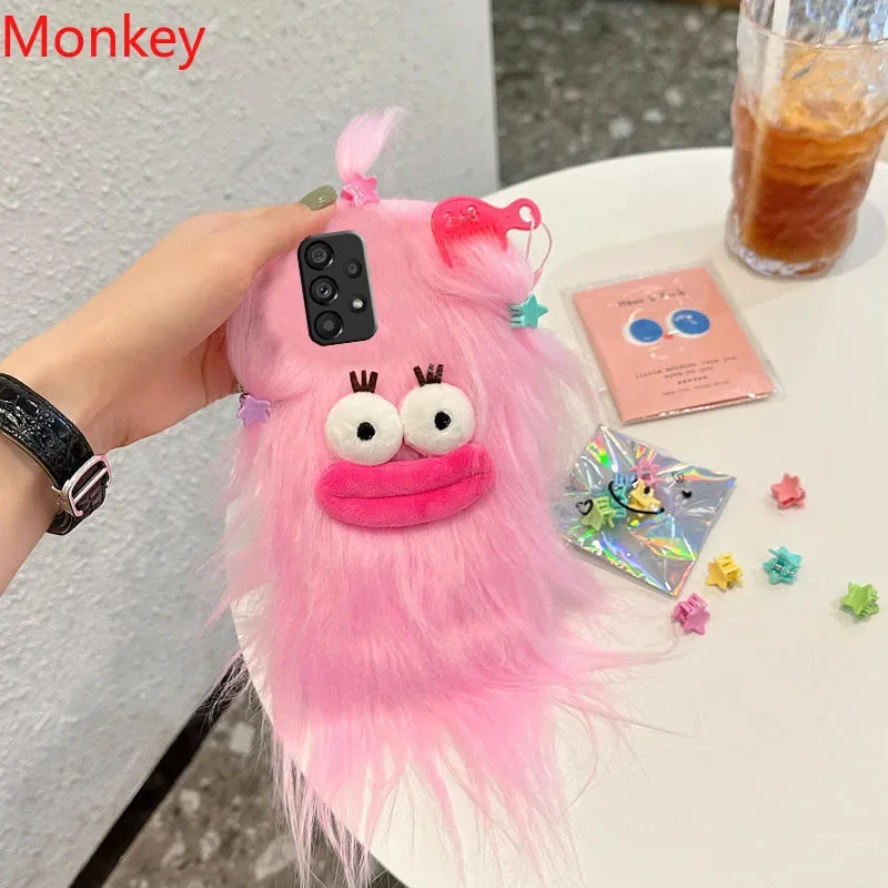 3D Korean Funny Fluffy Plush Monster Case For Samsung A03 A13 A23 A33 A53 A73 A51 A71 A21S M13 M14 M53 M54 A9 A7 Cute Soft Cover