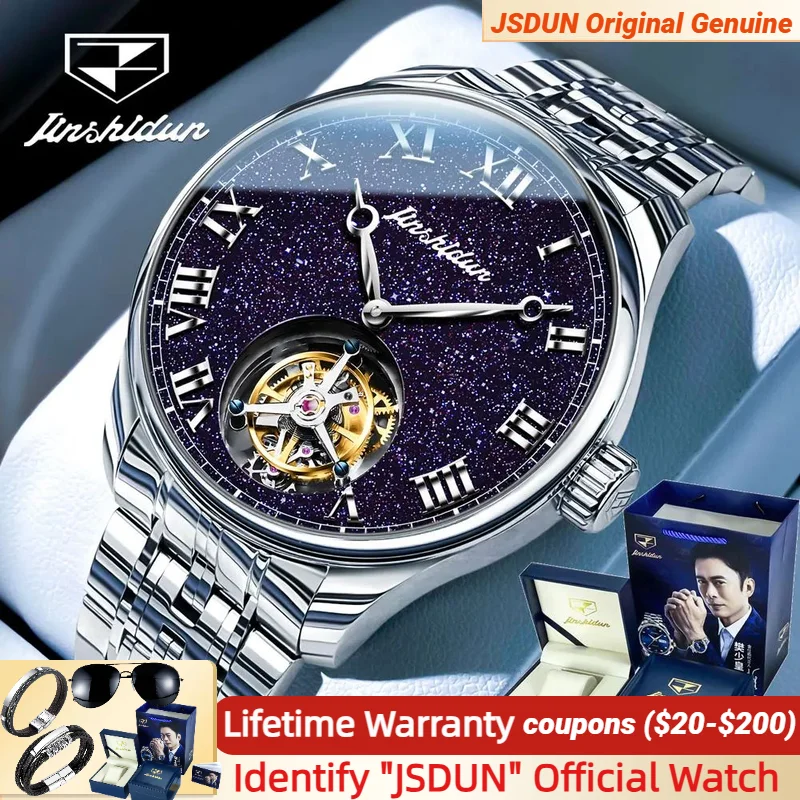 

JSDUN Tourbillon Watch for Men Starry Sky Luminous Skeleton Automatic Mechanical Wristwatch Sapphire Crystal Dress Men's Watch