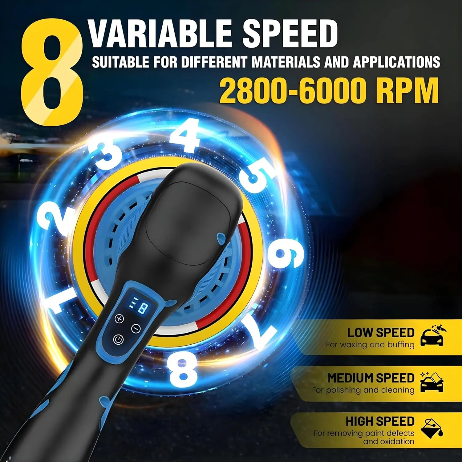 Kit de polisseuse tampon de voiture sans fil de 6 pouces, 21V 2x2000mAh, 9 accessoires, 8 vitesses 2800-6000 tr/min, polisseuse orbitale pour détails et S