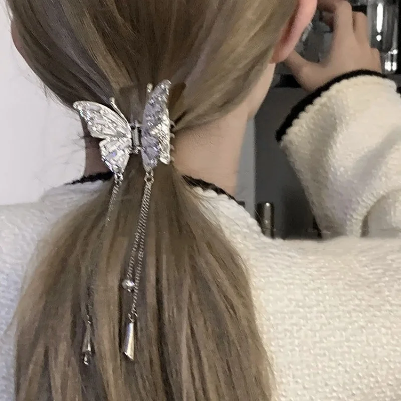 1PC Butterfly Metal Hair Grip Clip Female Senior Feeling Half Tie Hair Hair Clip New Chinese Tassel Small Shark Clip Hair Access