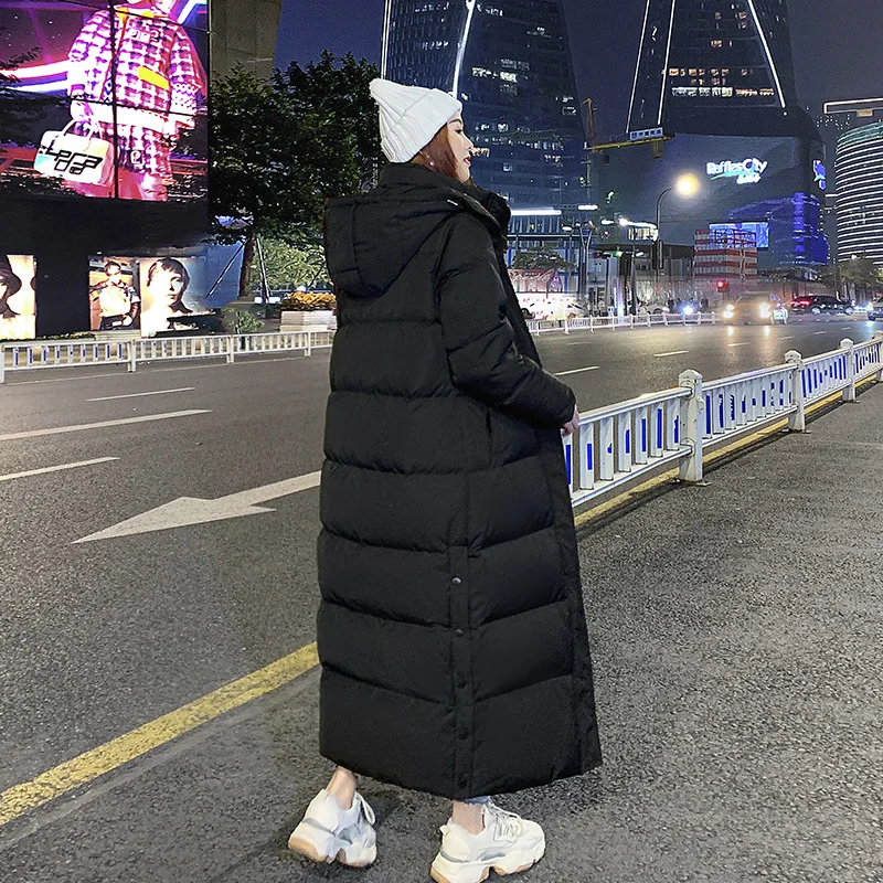 Abrigo con capucha de plumón de pato cálido y grueso y largo para mujer, ropa de nieve de talla grande, abrigo de invierno impermeable hasta el