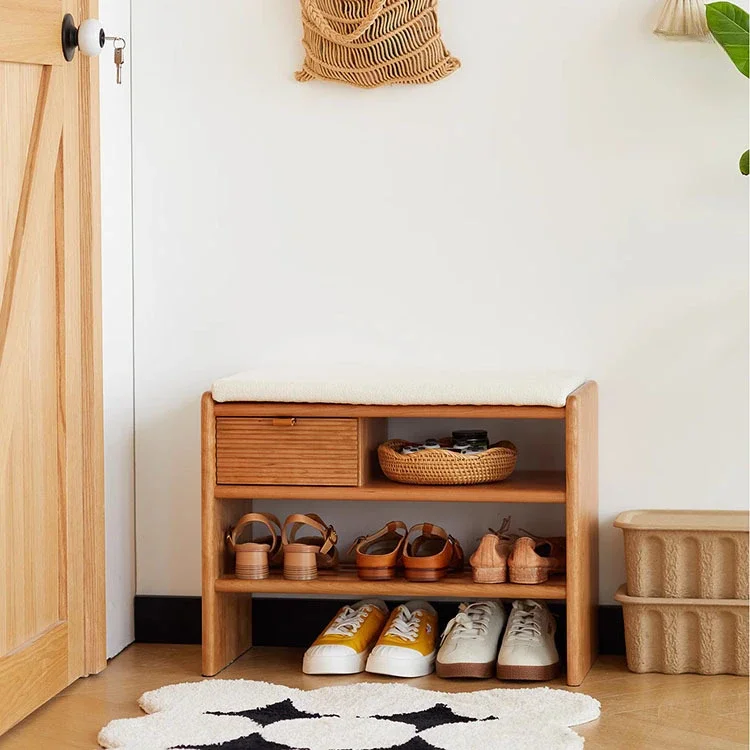 Nordic solid wood shoe-changing stool household door-to-door Japanese-style shoe-wearing stool can sit on the seat cushion cherr