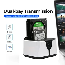 노트북용 하드 드라이브 어댑터, 듀얼 베이 HDD 도킹 스테이션, SATA-USB 3.0 HDD 클론 도킹 스테이션, 2.5/3.5 인치 SSD HDD 케이스 ,Dual Bay HDD Docking Station SATA to USB 3.0 HDD Clone Docking Station for 2.5/3.5'' SSD HDD Case Hard Drive Adapter for Laptop