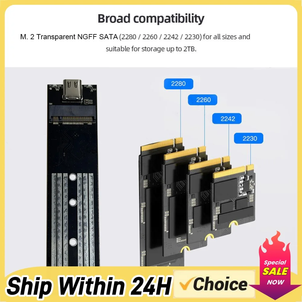 M.2 NGFF SATA Type C USB 3.1 Transparent External SSD Case 10Gbps SSD Enclosure External SSD Adapter for 2230/2242/2260/2280