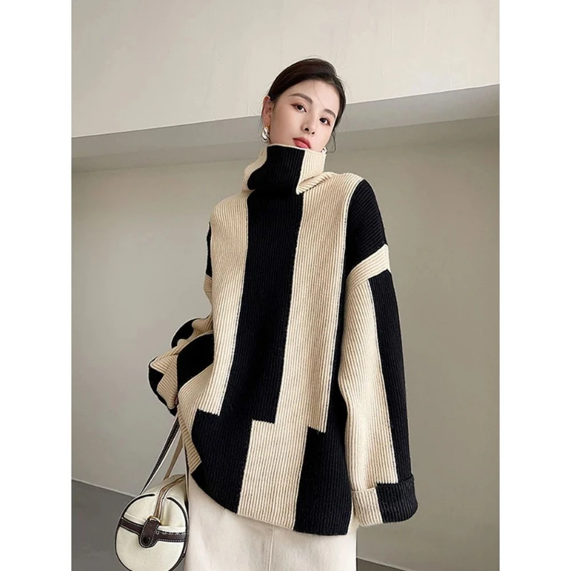 Estilo preguiçoso listrado contraste solto pullovers coreano manga longa tricô suéteres outono inverno nova moda casual roupas femininas