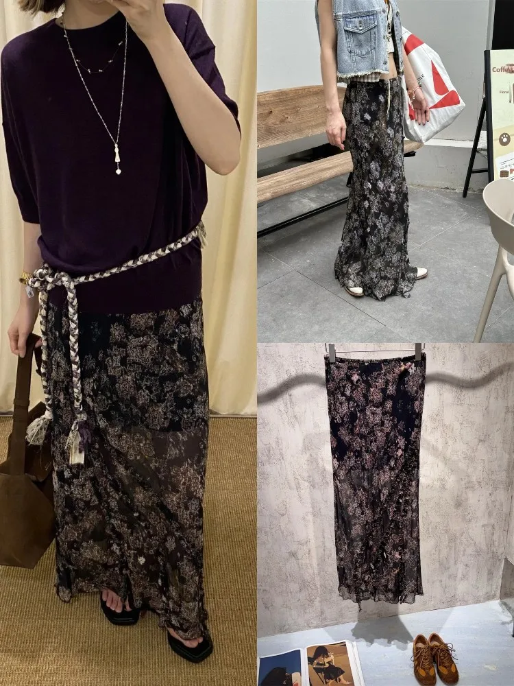 로맨틱 플로럴 프린트 쉬폰 스커트 엘레 드리프팅 롱 스커트 하이웨이스트 A라인 스커트 여름 2025 여성 패션