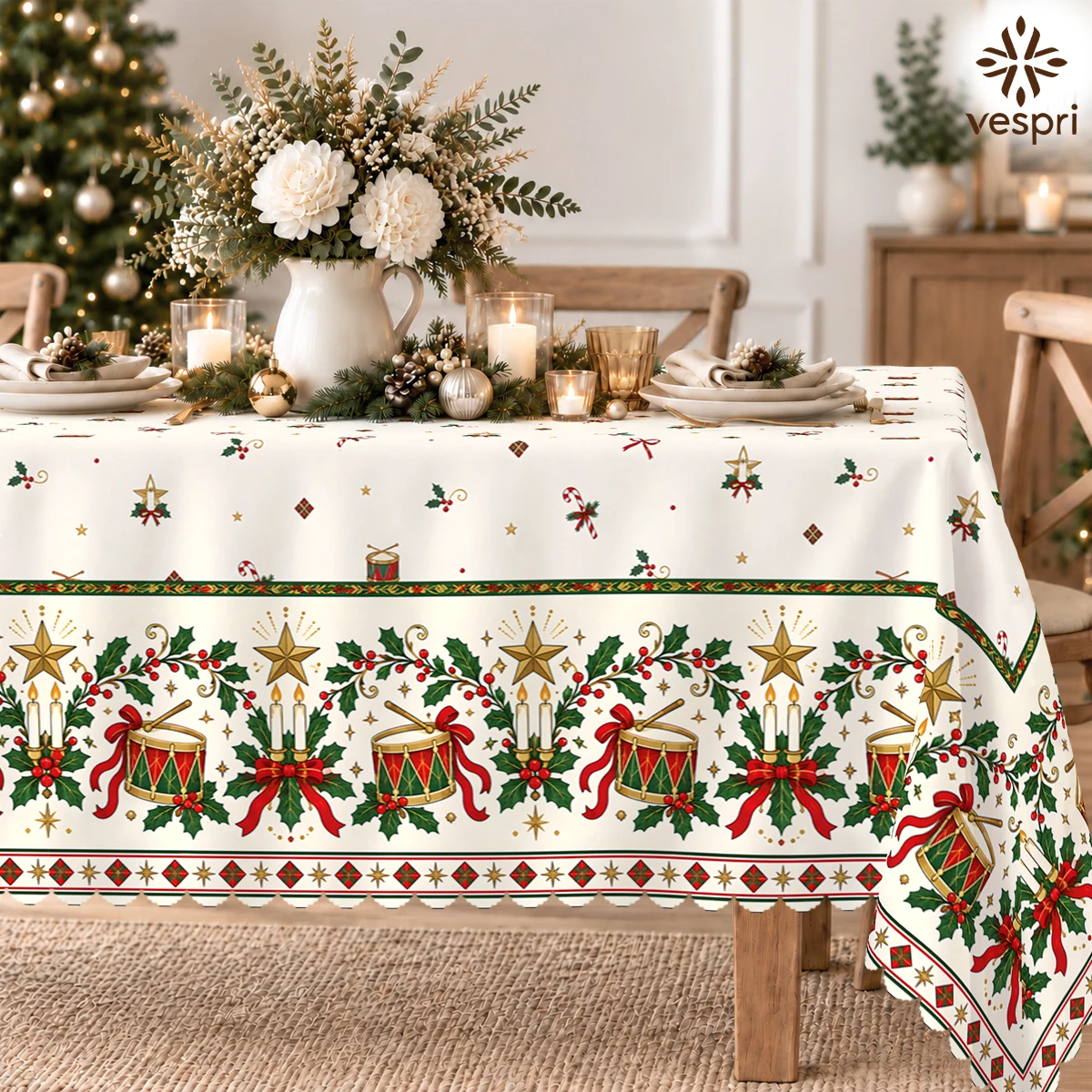 Woodland Tablecloth with Bows, Reindeer, Cardinals & Bells for Indoor/Outdoor Camping decor, Rectangular/Round/Oval