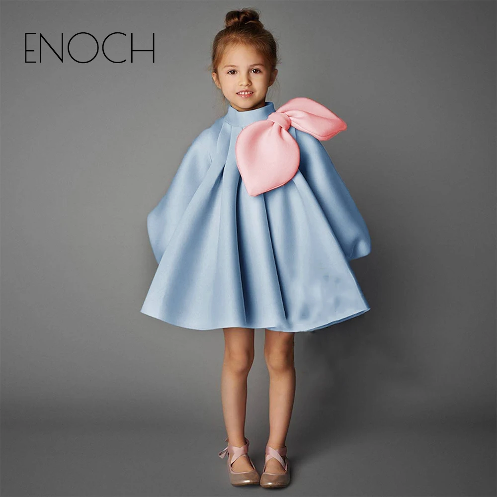 

ENOCH Cute High Neck Flower Girl Dresses Long with Shoulder Bow Baby Kids Birthday Dress Lantern Girls Custom Gowns Summer New