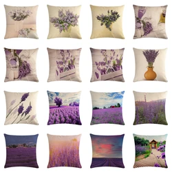 Lavender Floral Linen Pillows Cover Purple Scenery Lavender Fields Print Cushion Case Modern Sofa Couch Throw Pillows Decor Home