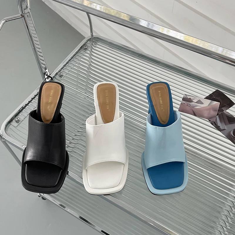 Open Toe Women Slippers Casual Slides Mules Shoes Round High Heels Pumps Black White Blue Summer Outdoor Slippers Mules Slides