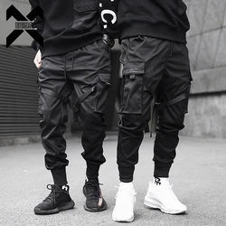 Men Tactical Joggers Pants Multi-pocket Elastic Waist Harem Pants Men Hip Hop Streetwear Ribbons Design Functional Cargo Trouser