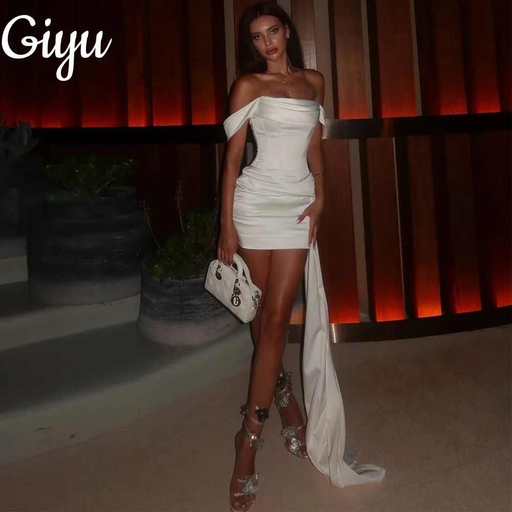 Giyu Modern A-Line Mini Wedding Dress Off Shoulder Pleat Sleeveless Satin Tail Elegant Bridal Gown Customised vestidos de novia