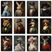 Victorian Animal Portrait Poster Peacock Raccoon Chicken Rabbit Renaissance Royal Dress Animal Canvas Printing Wall Art Decor