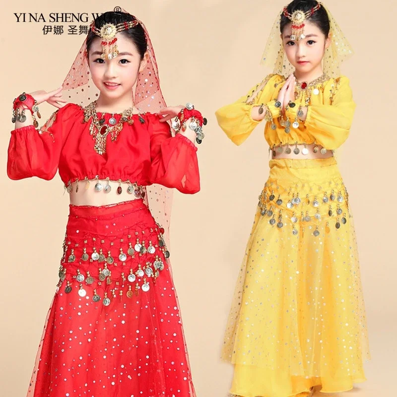 Girls Belly Dance Costume 2pcs Set Kids Indian Dance Performance Outfits Bellydance Top Skirt Competition Egypt Dance Costume