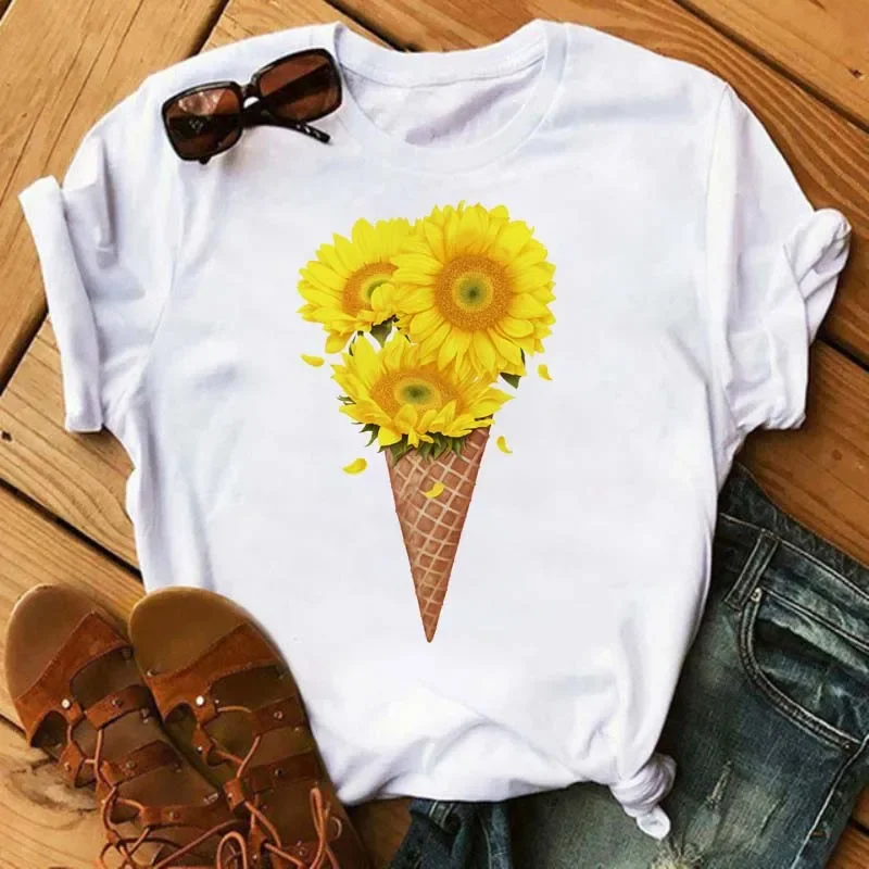 Camiseta con estampado de girasol, pantalón corto informal de manga corta con cuello redondo para primavera y verano, ropa de camiseta de talla grande para mujer
