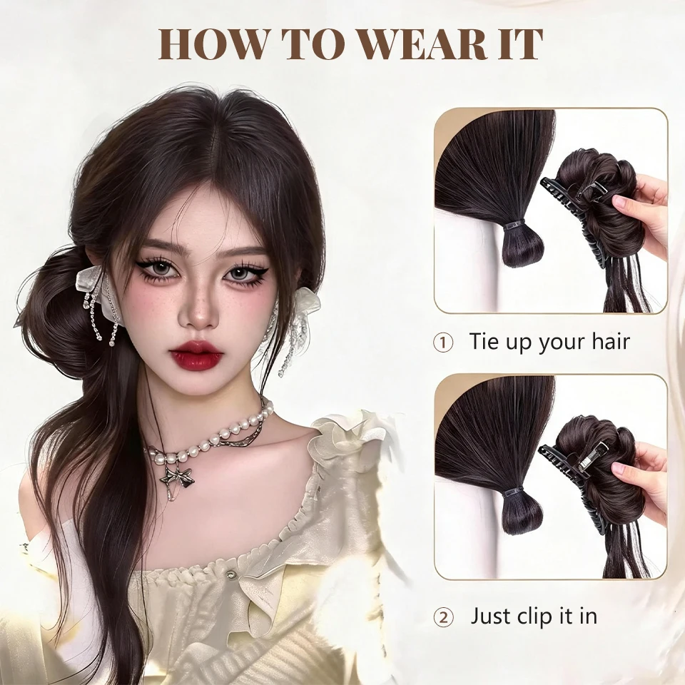 Synthetic long dragon beard bun head clip wig retro Korean version lazy fluffy flower bud head suitable for women to wear view 4