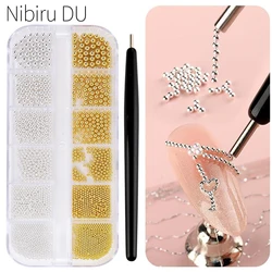 12 Grid 3D Caviar Beads Metal Nail Charms Gems Mixed Sizes Gold Silver Steel Balls with Nail Magnet Picker Tool DIY Manicure
