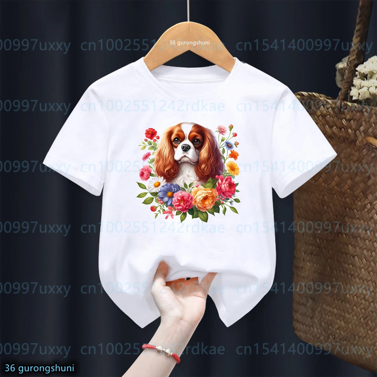 

An English Cocker Spaniel With Beautiful Colored Flowers Dog Print Girl T-Shirt Cute Toddler Tshirt Summer Boy T-Shirt White Top