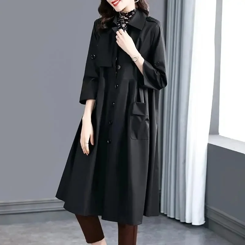 3XL Female Windbreaker Coat Women\'s Spring 2023 New High End Loose Style Slim Autumn Mid length Coat Women Pocket Pleating Coat