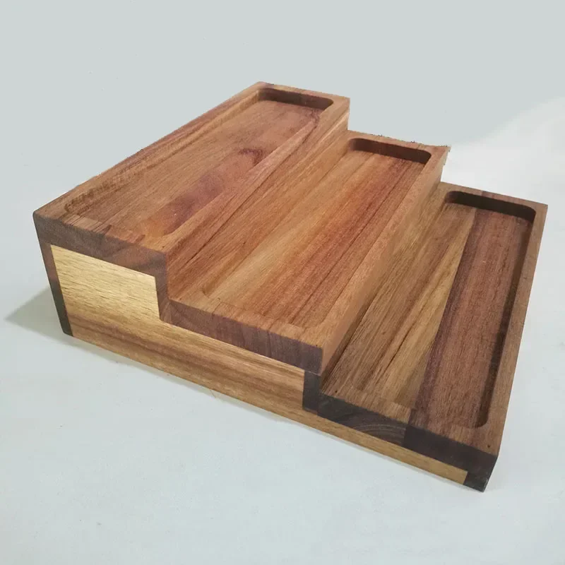 Three Layer Acacia Wood Cover Shelving Kitchen 4OZ Square Glass Seasoning Bottle Holders Seasoning Spice Jars Racks