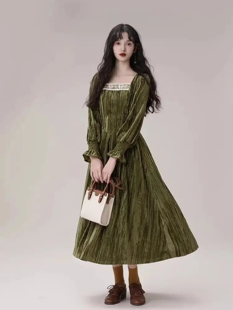 TIYIHAILEY Spring Autumn Women Velvet Dress Full Sleeve Long Mid-Calf Ladies S-L Vintage High Waist 2026 Square Collar Green
