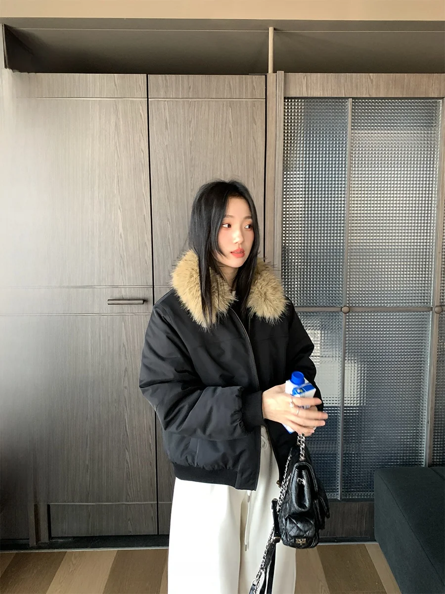 

Thiened Warmth ort Jaet Women's Cotton Coat with Fur Collar Bla Zipper Winter New Sle 0 Deee Soda Sli Design